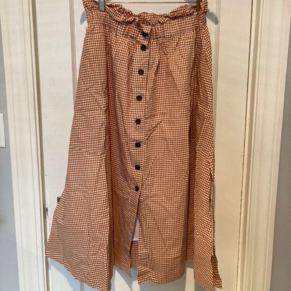 NWT Everlane Easy Button-Front Skirt, Burnt Orange Gingham